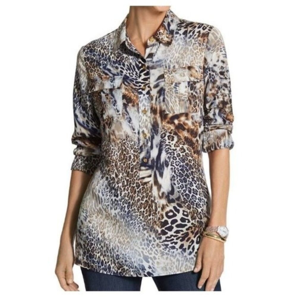Chico's Bias Animal Claire III Shirt size 2 L Large Blouse Mix Print